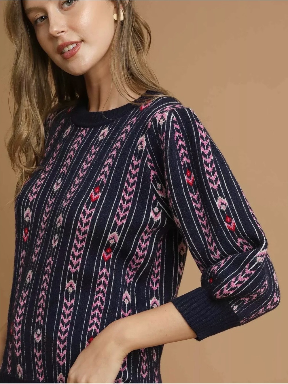 Umgee New Lrg Jacquard Knit Puff Navy Sweater with Pink & Red Fair Isle Stripes